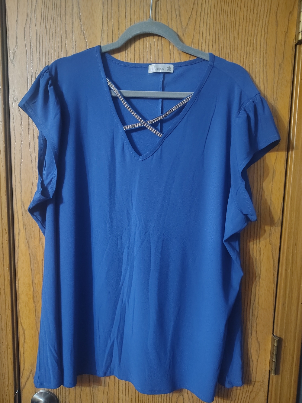 89'th & Madison Royal Blue V-Neck Tee with Crisscross Rhinestone Detail 3X